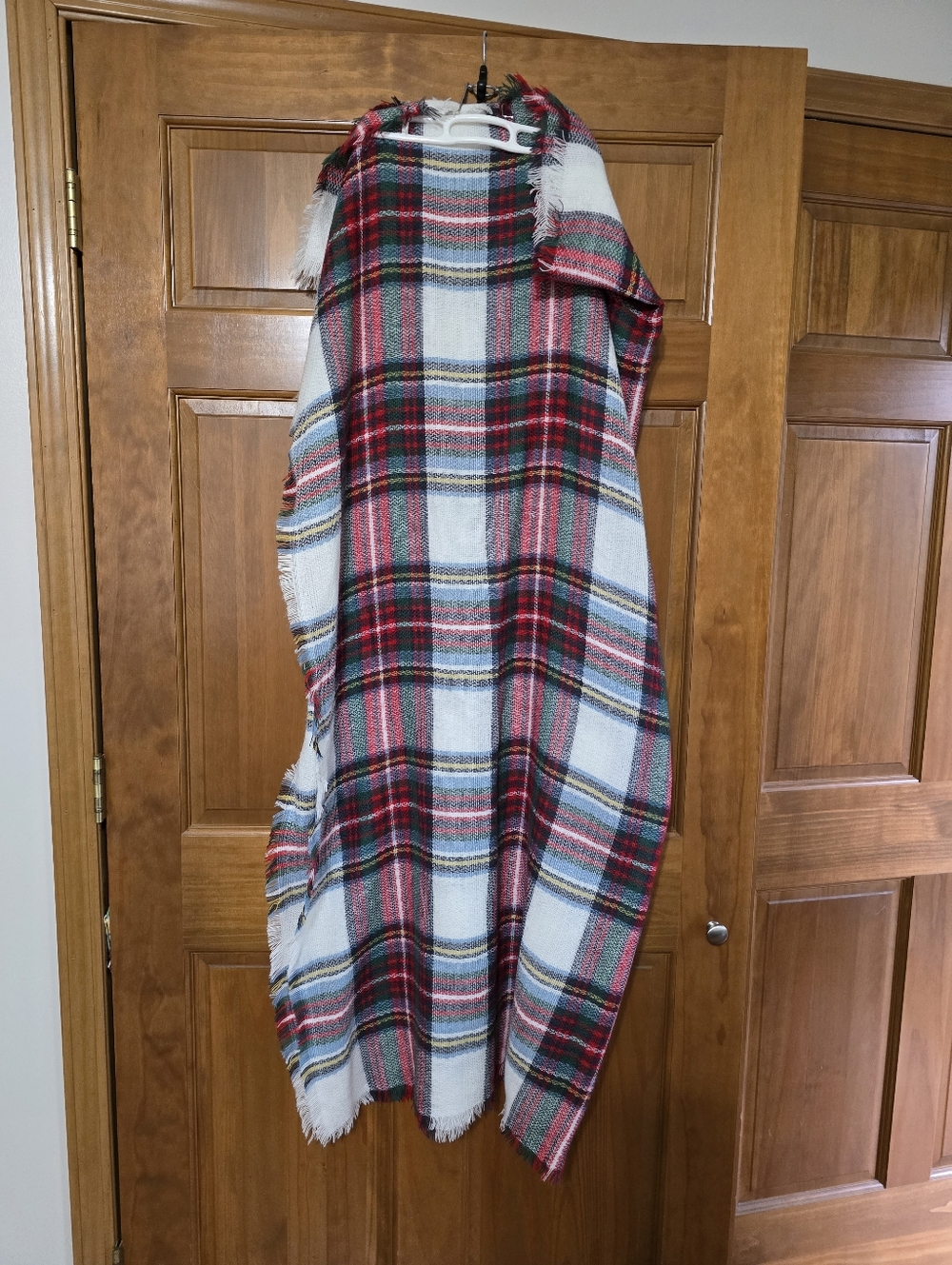 Plaid Fringe Blanket Scarf in Red, White, Green